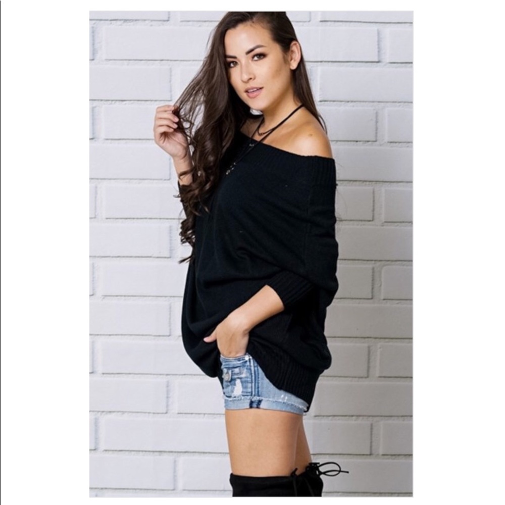 ASHLEY MIDNIGHT BLACK OFF THE SHOULDER SWEATER - Picture 2 of 2
